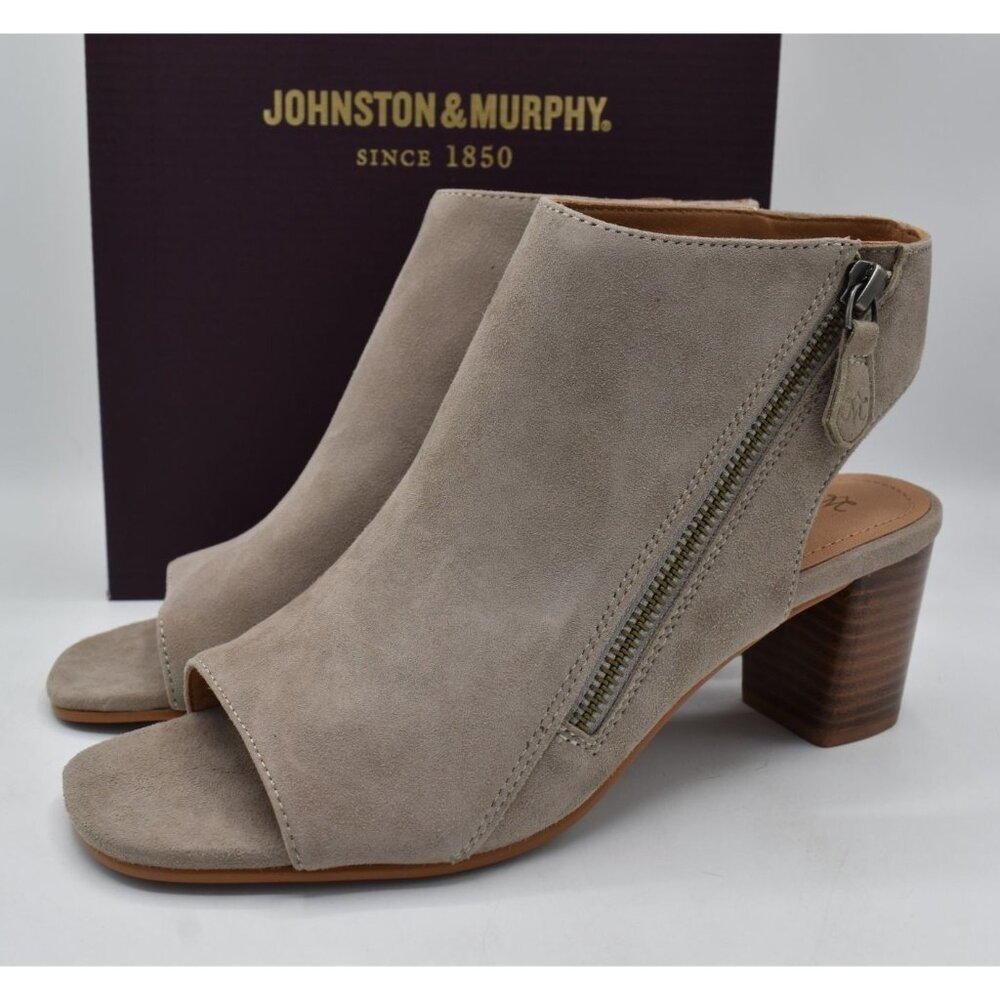 Johnston & Murphy Womens Size 9 Evelyn Suede‎ Taupe Side Zip Open Toe Heels